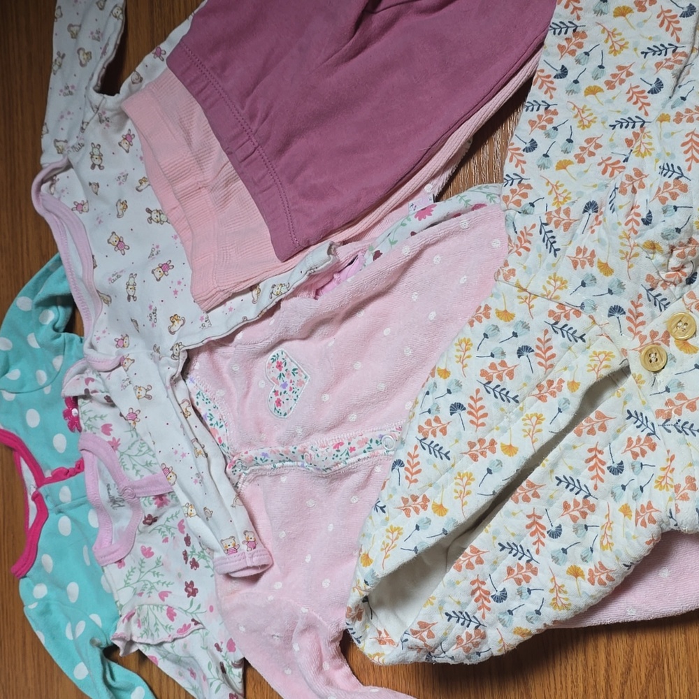 7pc Lot Baby Girl Clothes Bundle 0-3 Months Pink Floral Winter Bodysuit